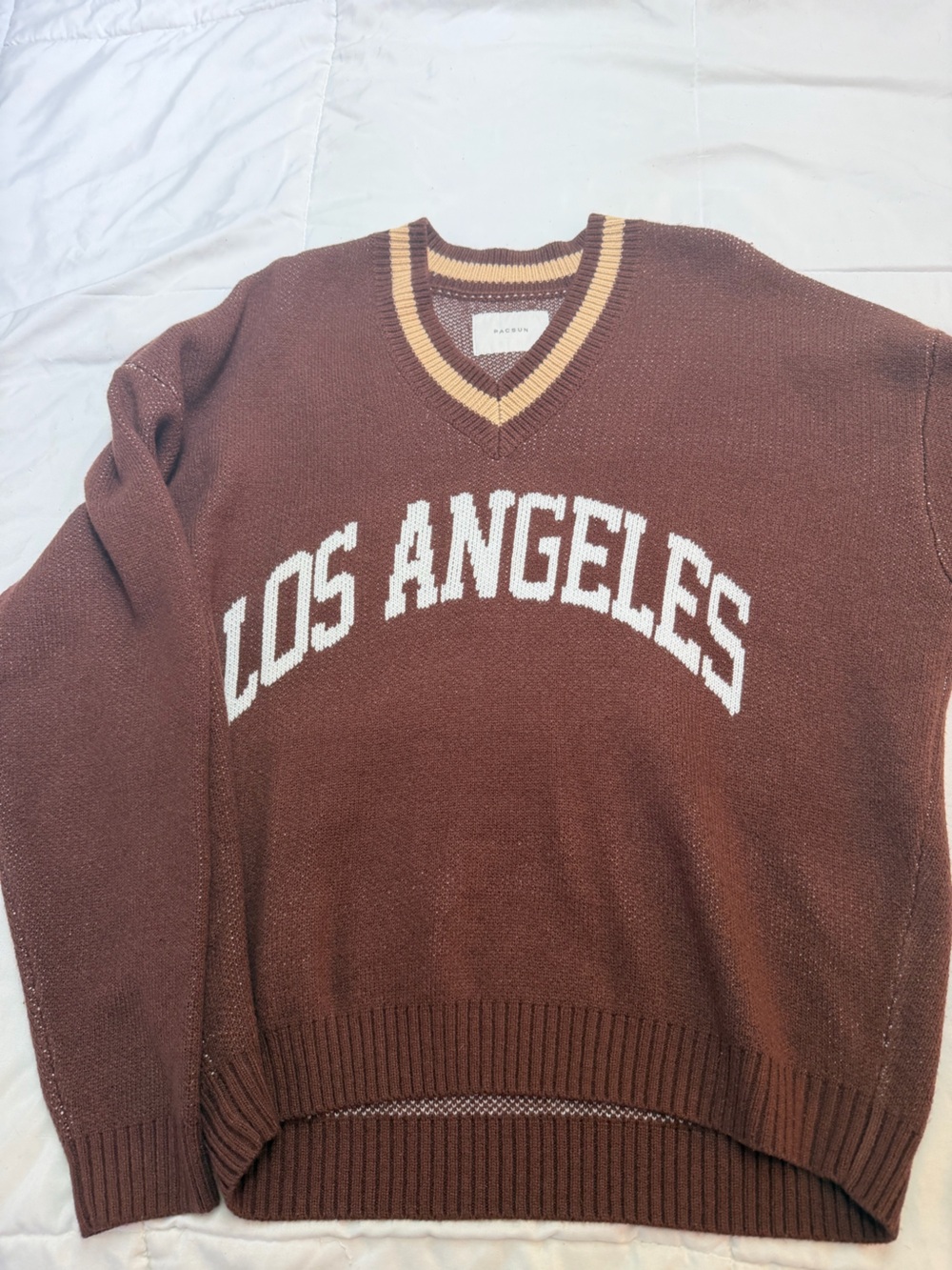 PacSun Brown "Los Angeles" V‑Neck Sweater with Cream Lettering
